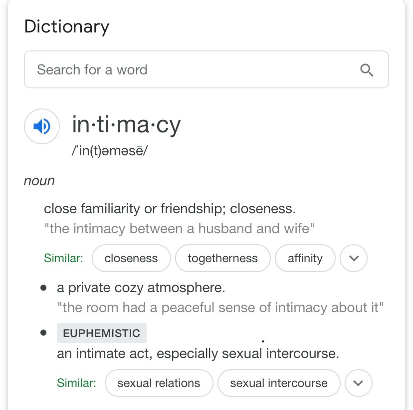 Intimacy 101: Let's talk about sex, baby. Image of the definition of intimacy.