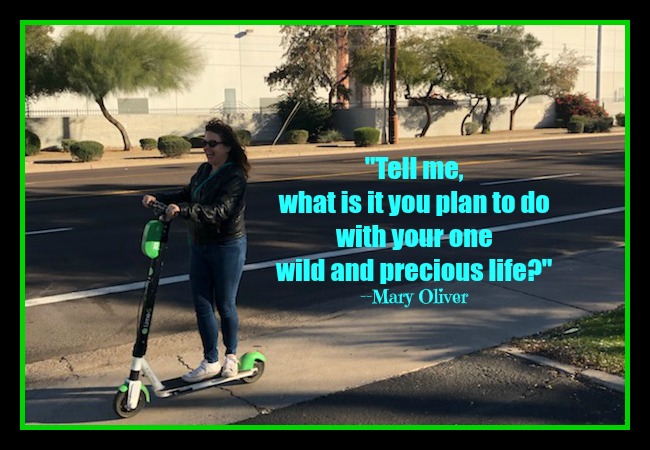 Life Planning 101: Image of a woman riding a scooter. Headline is the Mary Oliver quote: "Tell me what it is you plan to do with your one wild and precious life?"