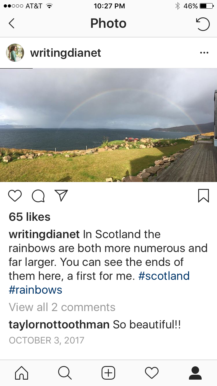Empty Nest 102: Instagram image of rainbow in Scotland